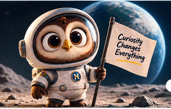 Hoot the owl in an astronaut suit on the Moon, holding a flag that reads Curiosity Changes Everything